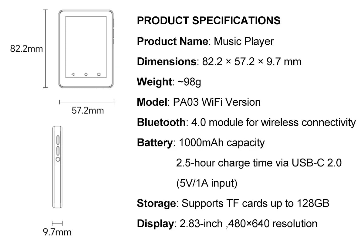 Famue PA03 Android Bluetooth MP3/MP4 Player Lossless Audio| 2.8" Screen | 80GB | WiFi | YouTube/Twitter/Spotify Download SQ HIFI