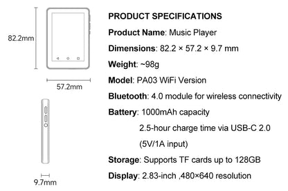 Famue PA03 Android Bluetooth MP3/MP4 Player Lossless Audio| 2.8" Screen | 80GB | WiFi | YouTube/Twitter/Spotify Download SQ HIFI