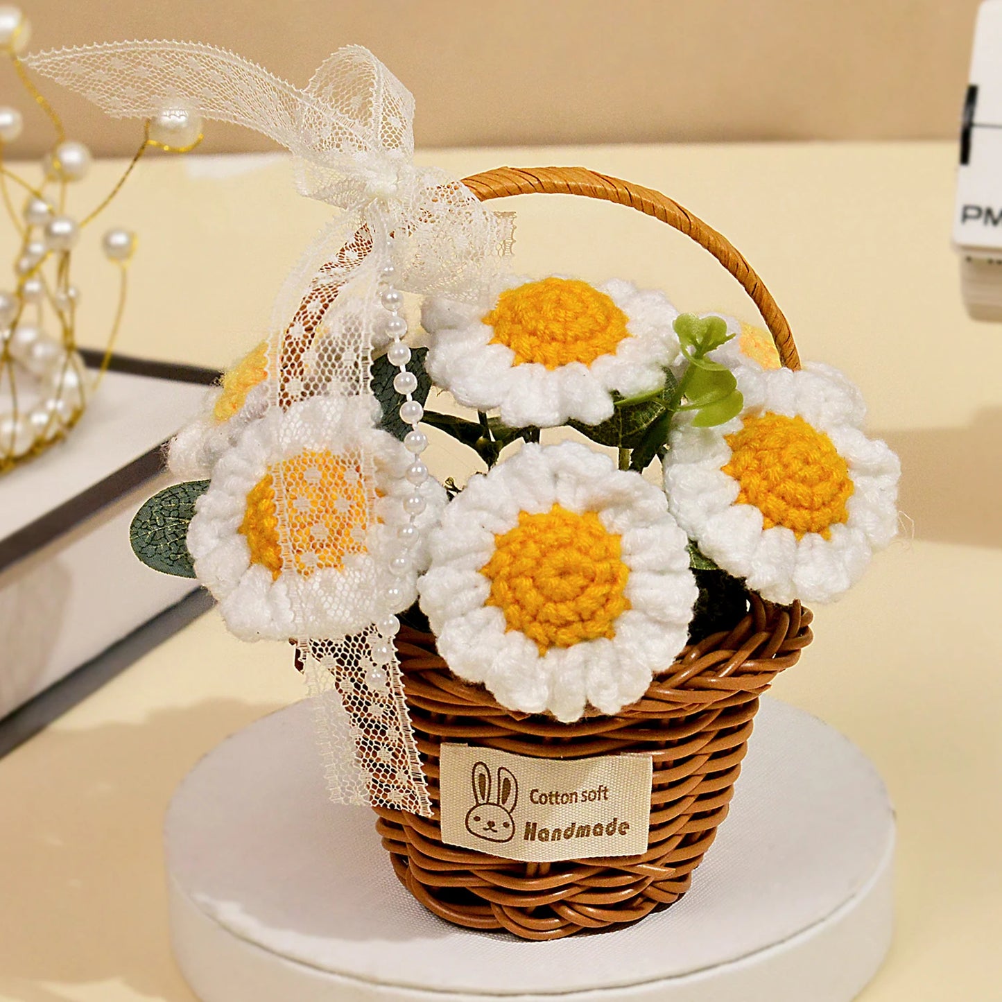 Handmade Crochet Flower Bouquet, Knitted White Daisy Flower for Mother's Day, Christmas, Thanksgiving & Home Decor