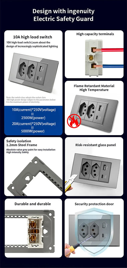 DELEFU 4*2 White Tempered Glass Brazil Standard Outlet with Double USB Type C Wall Power Socket Smart Switch Tuya Wifi 10A 20A