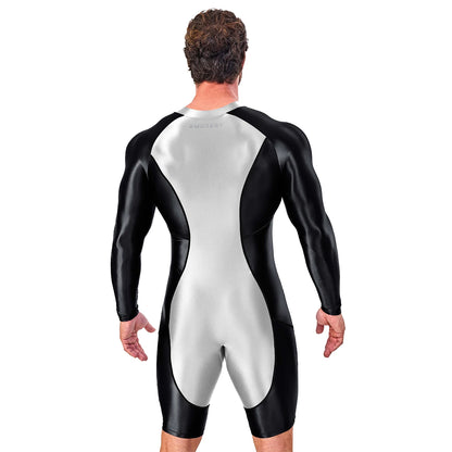 AMORESY Atticus Series Men Glossy Smooth Patchwork High Stretch Long Sleeve Knee Length Tracksuit Jumpsuit Bodysuit Fitness Gym