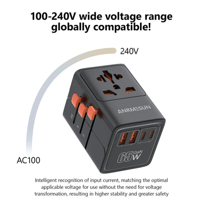 65W/45W/25W GaN Universal Travel Adapter with 2 USB 2 Type C Fast Charging All-in-one Travel Charger EU/UK/USA/AUS for Travel
