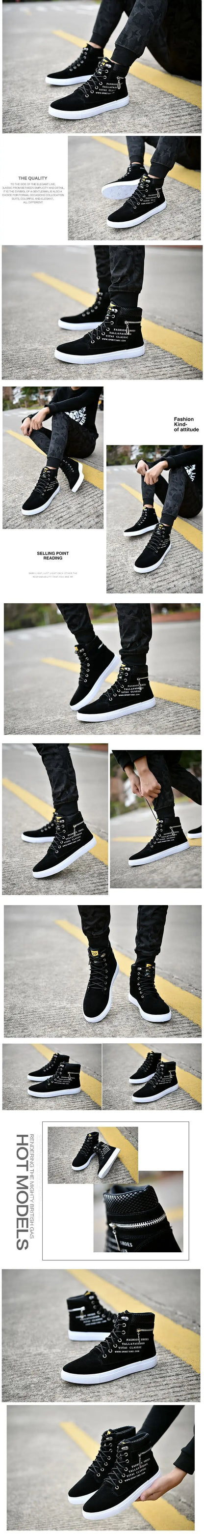 Black Vulcanized Sneakers Men's Flat Comfortable Shoes Lace up Zapatillas Hombre Autumn Spring High Top Sneakers Plus Size 38-48