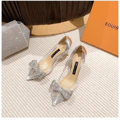Spring Summer Fashion Rhinestone Bowknot Women Pumps Sexy Silk Pointed Toe Strange High Heels Party Prom Shoes Gold Silver