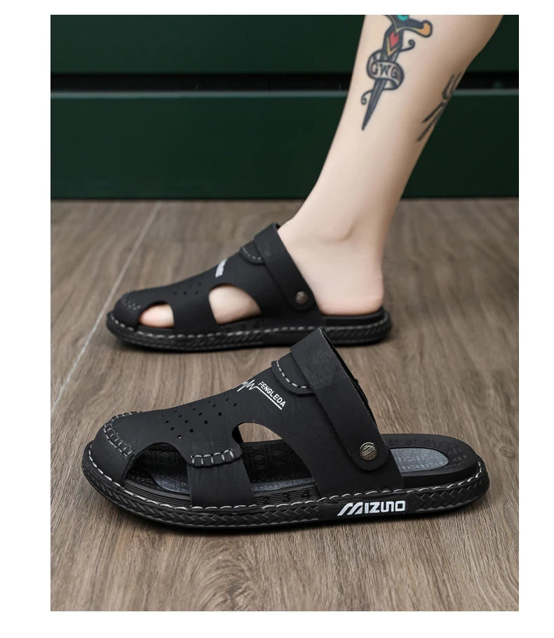 Men's Baotou Sandals Summer new Outdoor Cool Breathable Anti slip Waterproof Beach Shoes Soft Sole Fashion Dual purpose Slippers