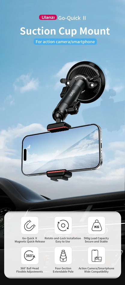Ulanzi Go-Quick II Action Camera Smartphone Suction Cup Mount 1/4'' Screw 360° Ballhead For GoPro for Insta360 Phone Car Holder