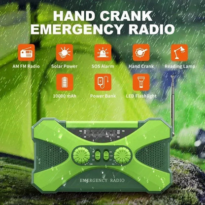 Multifunctional 10000mAh Solar Crank Radio  AM/FM/NOAA Weather Alert, Dual Stereo Speakers, Phone Charger, LED Torch & SOS Alarm