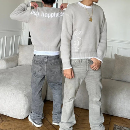 Round Neck Knitted Loose Pullover Oversized Men Full Sleeve Sweater Gothic Embroidery Daily Street Commute Y2k Outfits