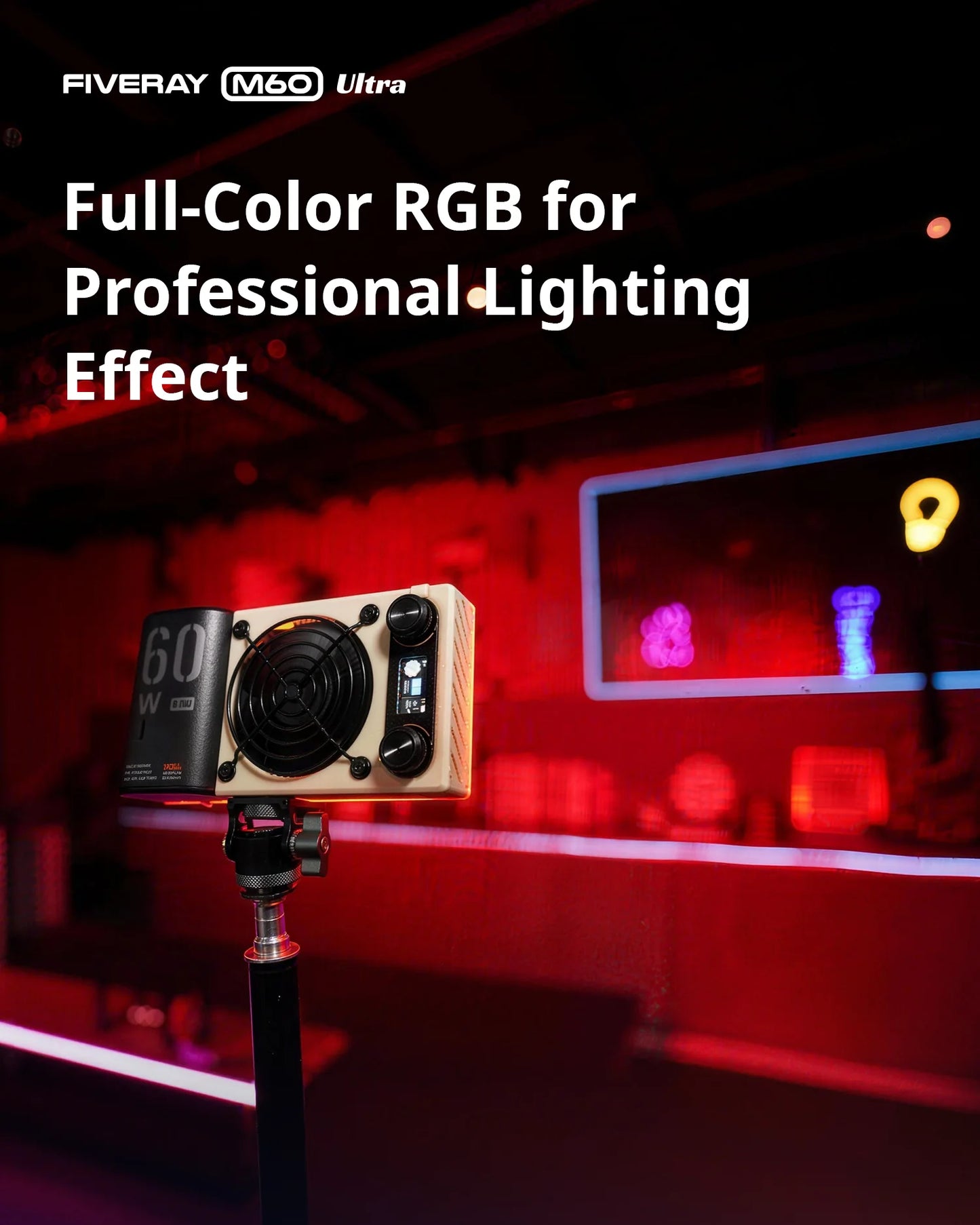 ZHIYUN FIVERAY M60 Ultra 60W RGB COB Pocket Light, High CRI ≥95, Full-Color 2500‑10000K, 4500mAh Battery, APP Control for Vlog