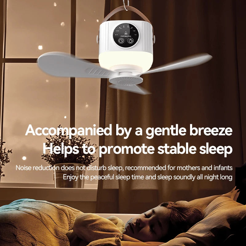 USB Dormitory/Camping Small Ceiling Fan 8-Hour Timer, With Night Light, 4 Levels of Strength Portable Fan