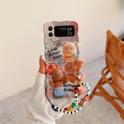 Cartoon Cute Bear Wave Border Phone Case for Samsung Galaxy Z Flip 5 4 3 Zflip5 Flip3 ZFlip4 Star Bracelet Shockproof Lens Cover