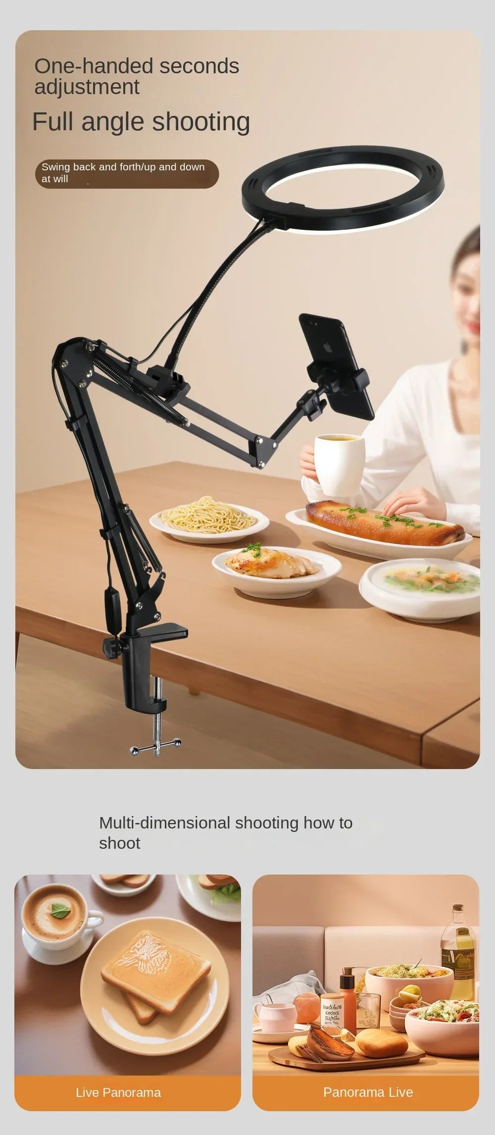 Phone Stand for Live Streaming, Desktop Boom Arm, Adjustable Height, Suitable for Selfie Shooting, Fill Light, Video Recording