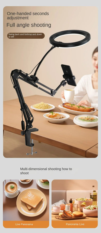 Phone Stand for Live Streaming, Desktop Boom Arm, Adjustable Height, Suitable for Selfie Shooting, Fill Light, Video Recording