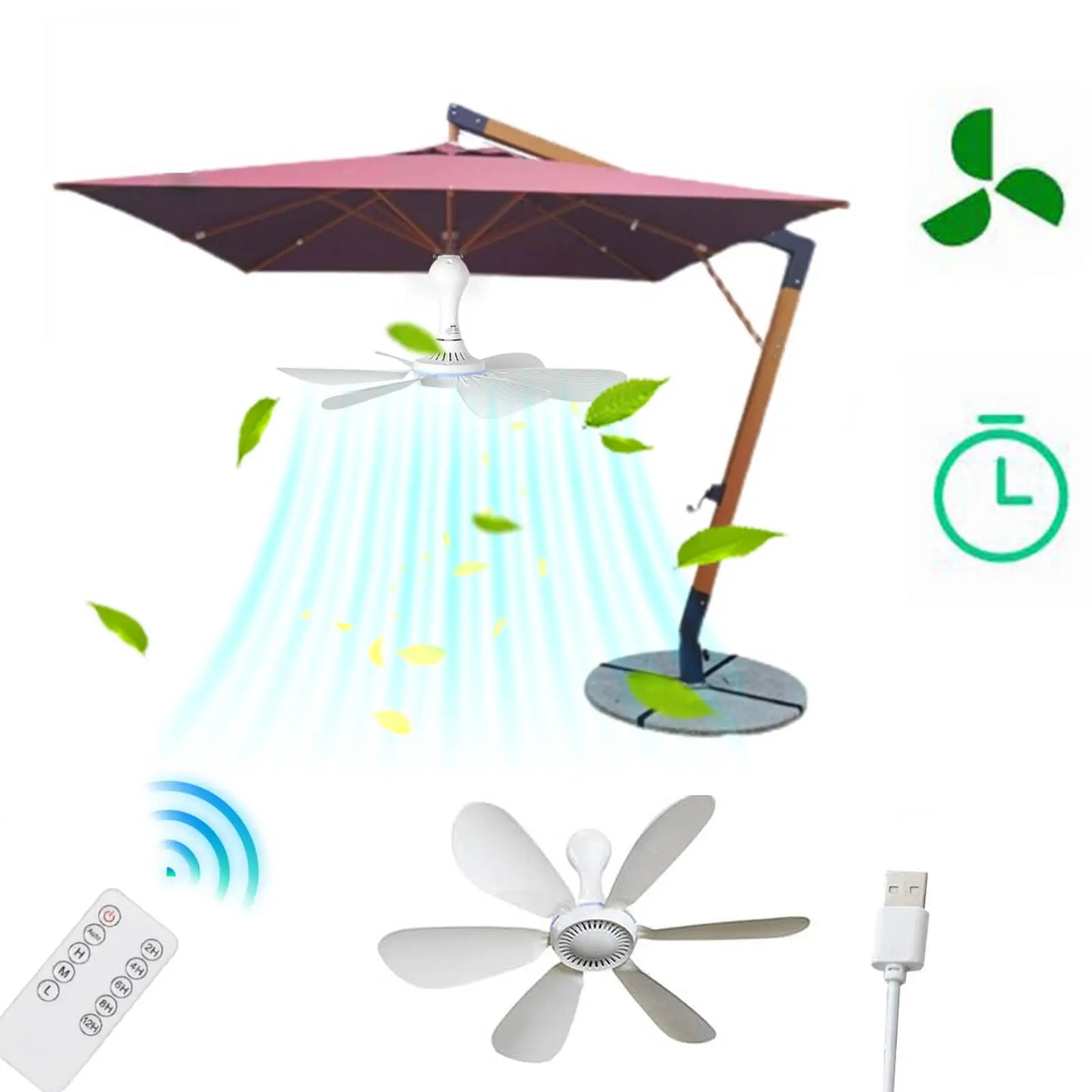 XIAOTREE Silent 6 Leaves USB Ceiling Fan, Optional Remote Control Timing, 4 Speed Hanging Fan for Camping Dormitory Tent