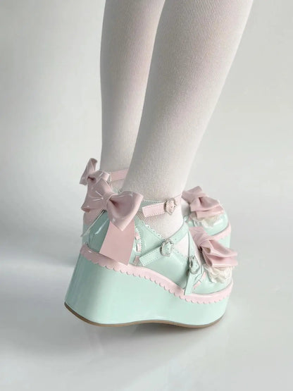 Sweet Lolita Style Girls Flat Platform ,Female Students Cute Bowknots Mary Jane Ankle Strap Elevator Shoes