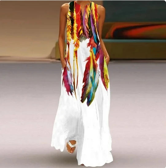 Sleeveless Feather Printed Dress Bohemian Vest Dresses Trendy Beach Casual Loose Robe Colorful Summer