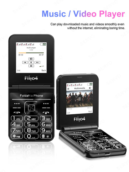 SERVO 4 SIM Fashionable Flip Cellular Phone Speed Dial Flashlight Magic Voice FM Radio 2G GSM Foldable Mobile Phone Type-C 2.6"