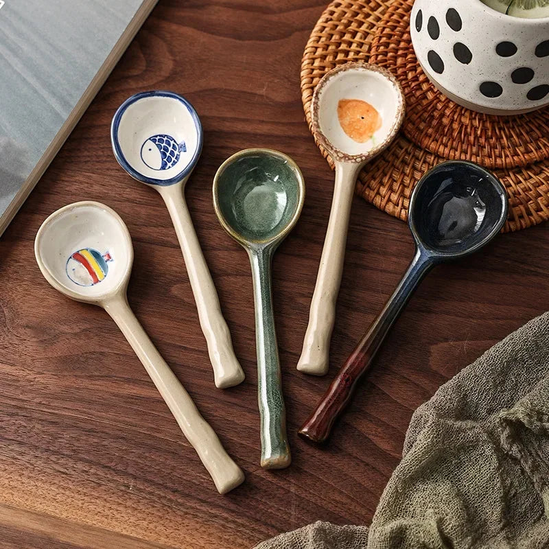 Cute Ceramic Flower Soup Spoon Kawaii Korean Ice Cream Hand Painted Dessert Spoon With Long Handle Kitchen Tableware Accessories