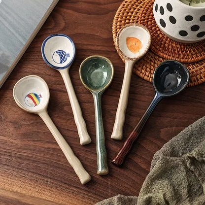 Cute Ceramic Flower Soup Spoon Kawaii Korean Ice Cream Hand Painted Dessert Spoon With Long Handle Kitchen Tableware Accessories