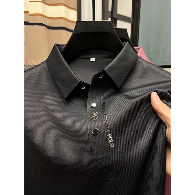 High End Brand New Summer Solid Color Silk Cotton High-quality Short Sleeved Polo Men's Fashionable Business Seamless Casual Top