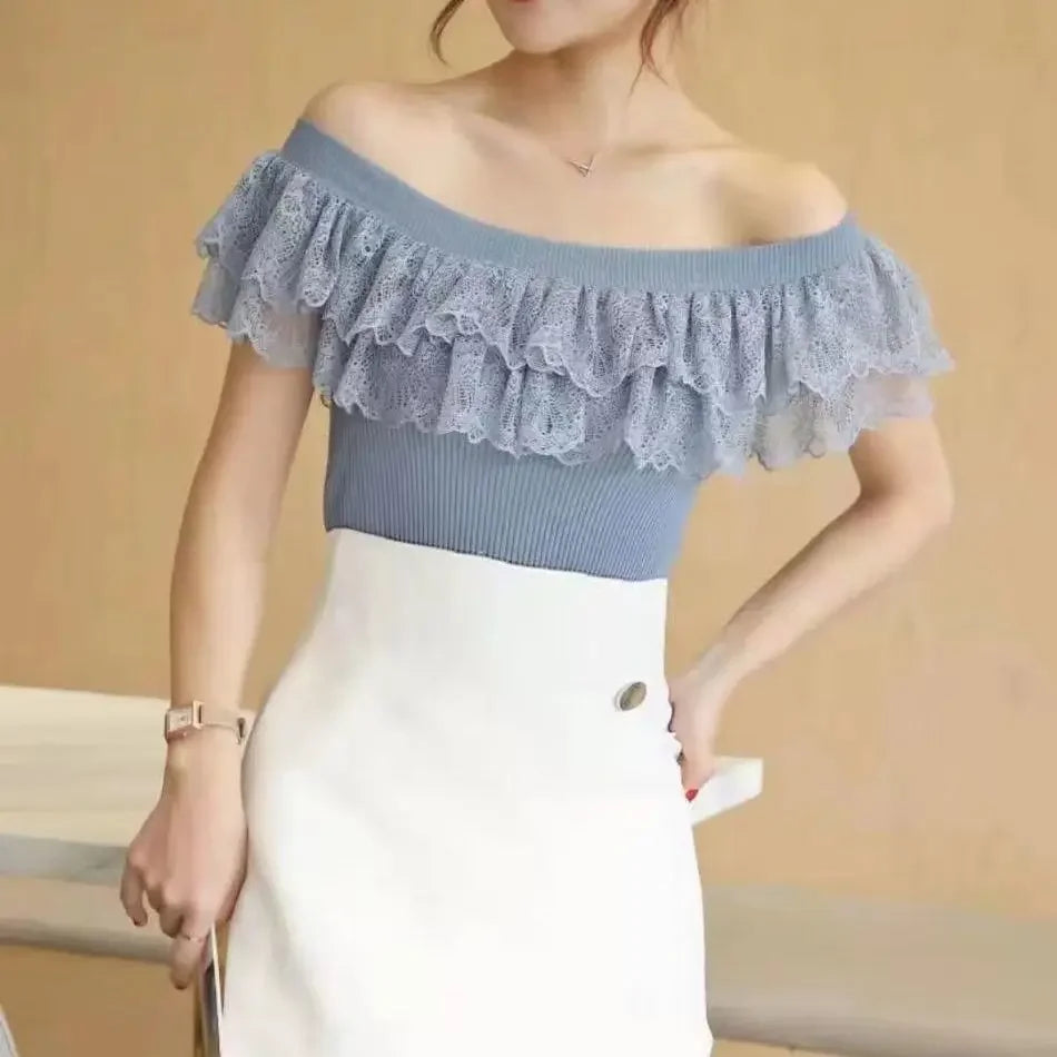 Sexy Ladies Tops Summer Blouse for Women 2024 Blusas Mujer De Moda Patchwork Lace Ruffles Blouses Tunic Sweet Knitted Shirts