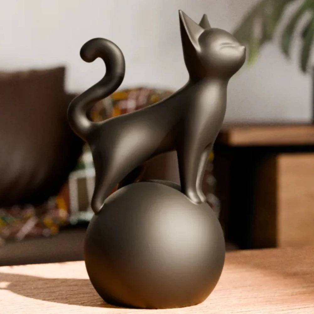 Cat Sculpture on The Ball -3D Artistic Sitting Cat Statue, Minimally Black Decoration, Cat Spherical Base Decorative Ornament