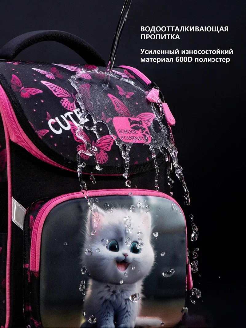 Orthopedic School Backpack For Girls Cartoon Cat Primary School Grade 1 Students Bags Kids Satchels Female Bookbag 7-9 Years