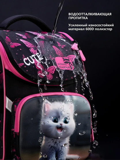 Orthopedic School Backpack For Girls Cartoon Cat Primary School Grade 1 Students Bags Kids Satchels Female Bookbag 7-9 Years