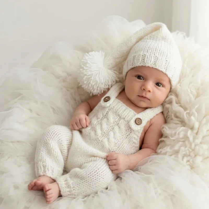 2pcs Newborn Baby Photography Props Knitted Romper Hat Set Handmade Photo Shoot Outfit Infant Studio Accessories Clothes