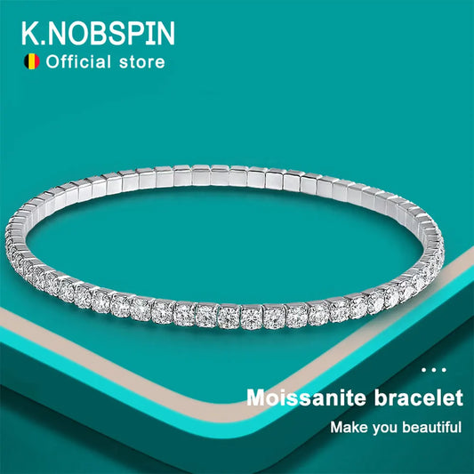 KNOBSPIN 3.84-6.4ct D VVS1 Moissanite Tennis Bracelet 2.5mm/3mm s925 Sterling Silver Elastic Tennis Bracelets for Women Men