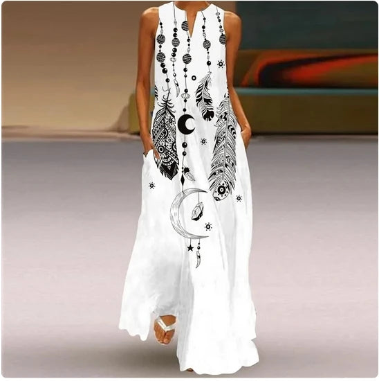 Sleeveless Feather Printed Dress Bohemian Vest Dresses Trendy Beach Casual Loose Robe Colorful Summer