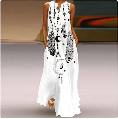 Sleeveless Feather Printed Dress Bohemian Vest Dresses Trendy Beach Casual Loose Robe Colorful Summer