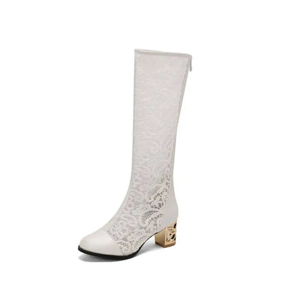 Spring and Autumn New Style Fashion square Heel Mesh Hollow Women's Boots Sweet Breathable knee high boots high 5.5cm size 34-47