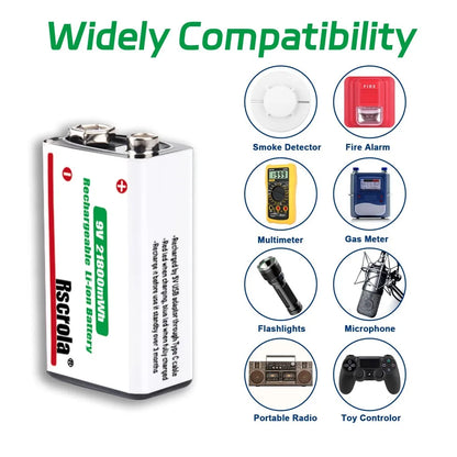 Rechargeable 9V Battery USB-C Charge,21800mWh Long-lasting 9V Li-Ion Battery with Free Cable,for Smoke Alarm,Camera,Clocks,Audio