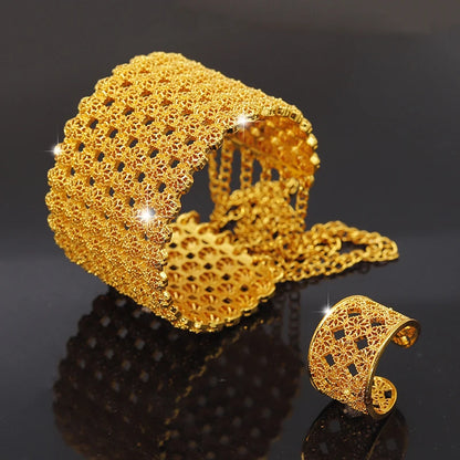 Women's Gold-Plated Hollow Metal Cuff Bangle Alloy Jewelry Set Pearl Ring for Weddings Engagements Personalities' Gift