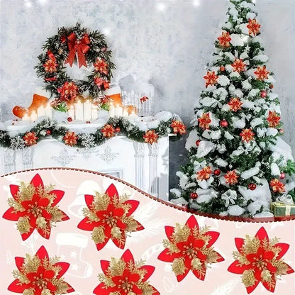 40PCS Artificial Glitter Christmas Flowers with Clips for Xmas Tree Ornament Fake Flower Floral New Year Party Home Decoration
