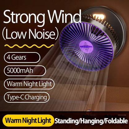 New 5000mAh Rechargeable 3IN1 Multifunctional Portable Fan Wall Mounted Fan 90° Folding Fan 4 Gears With Warm Night Light