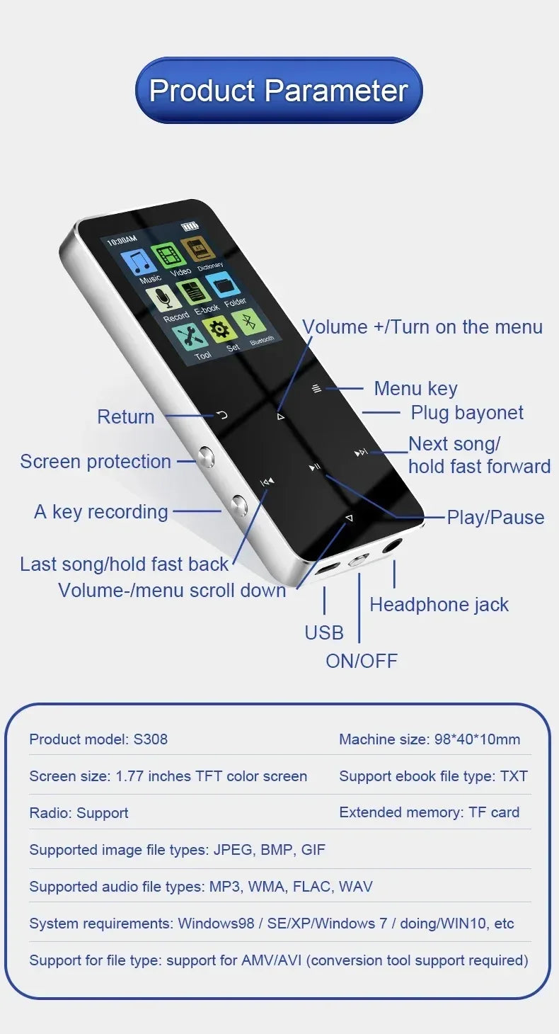 2.0 Inch Metal Touch MP3 MP4 Music Player Bluetooth 5.0 Supports Card, with FM Alarm Clock Pedometer e-Book Built-in Speaker