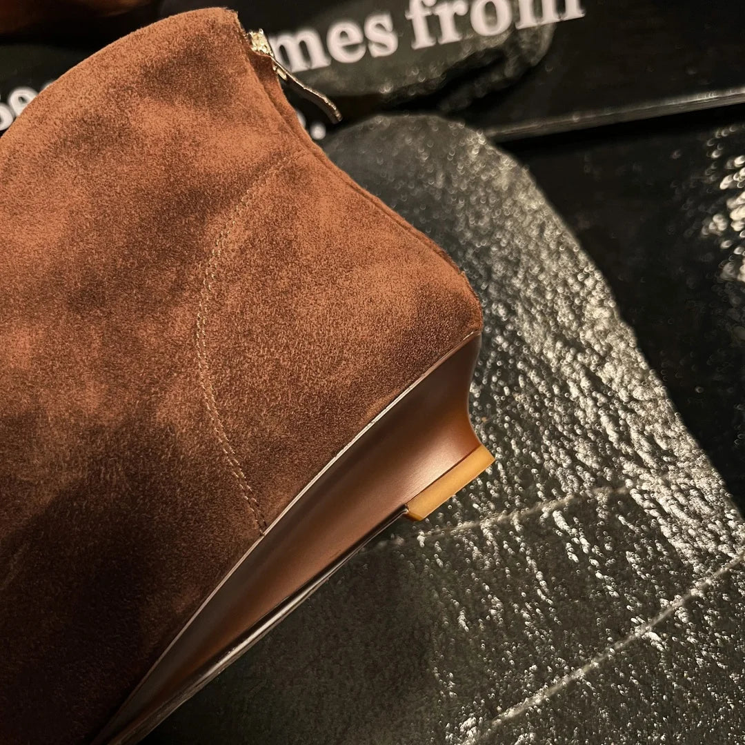 Women's natural suede leather pointed toe back zip kitten heel autumn ankle boots elegant ladies short booties shoes for woman