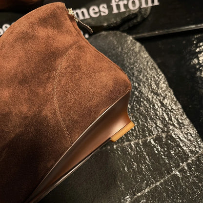 Women's natural suede leather pointed toe back zip kitten heel autumn ankle boots elegant ladies short booties shoes for woman