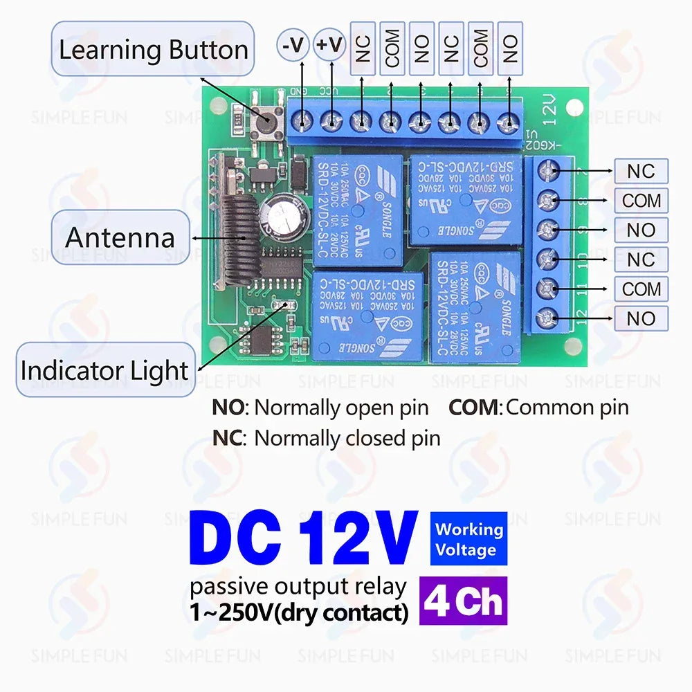 433Mhz Universal Wireless Remote Control Light Switch DC 12V 4CH RF Relay Receiver 60m Range for Light/Garage Door/LED DIY
