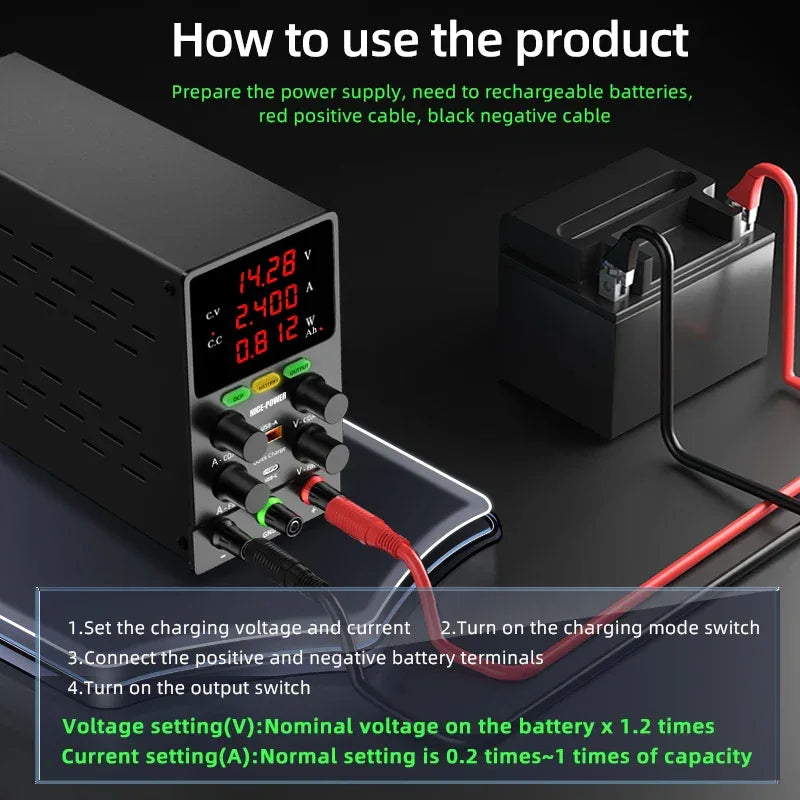 NICE POWER Adjustable DC Power Supply 12V/24V Lead-acid Battery Charging Auto-Stop When Full Reverse Polarity Protection Source