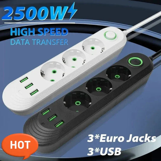 2500W EU Plug AC Outlet Multiprise Power Strip 2m Extension Cord Electrical Socket Network Filter With 3 USB Ports Fast Charging