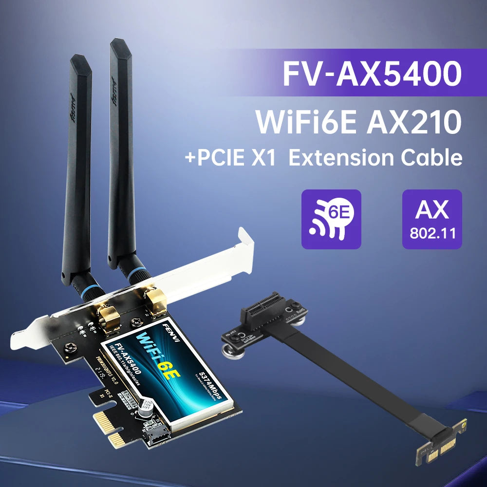 Fenvi AX210 WiFi 6E PCIE Wireless Adapter AXE5400 Tri Band 2.4G/5G/6GHz BT5.3 With PCI X1 3.0 Extension Cable for PC Win 10/11