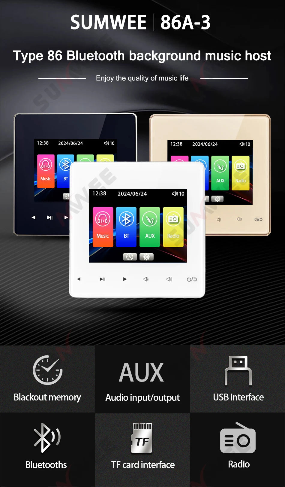 Home theater Background music system audio in wall power amplifier bluetooths player sound TF AUX control panel ceiling speakers