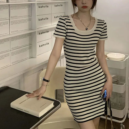 Fashion Striped Knitted Mini Dress Summer Korean Square Collar Waist Women's Clothing Slim Bag Hip Casual Short Sleeve Dresses
