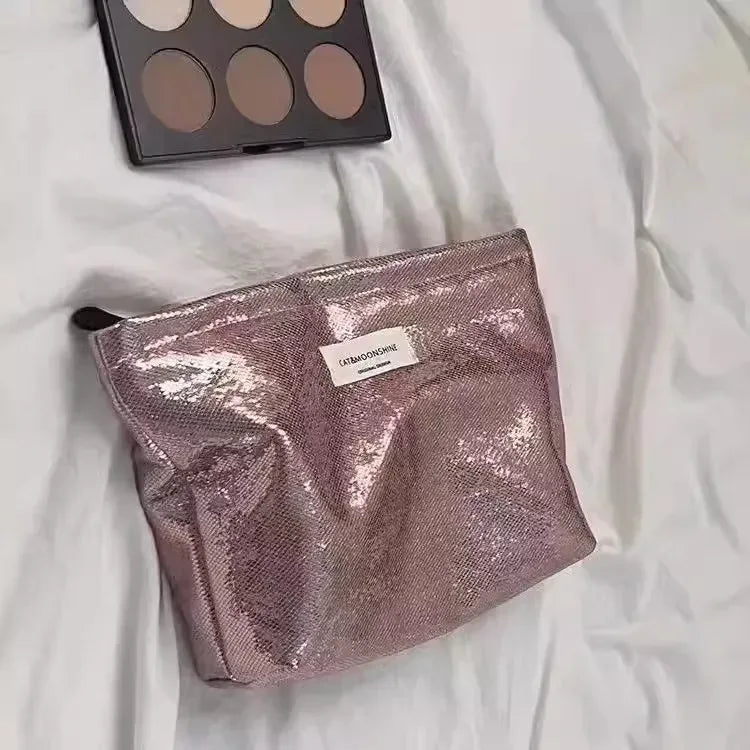 Portable Large Capacity Shiny Sequins Cosmetic Bags Silver Champagne for Women Toiletries Skincare Storage Bag Make Up Pouch