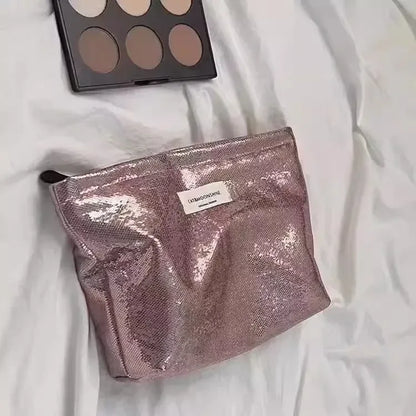 Portable Large Capacity Shiny Sequins Cosmetic Bags Silver Champagne for Women Toiletries Skincare Storage Bag Make Up Pouch