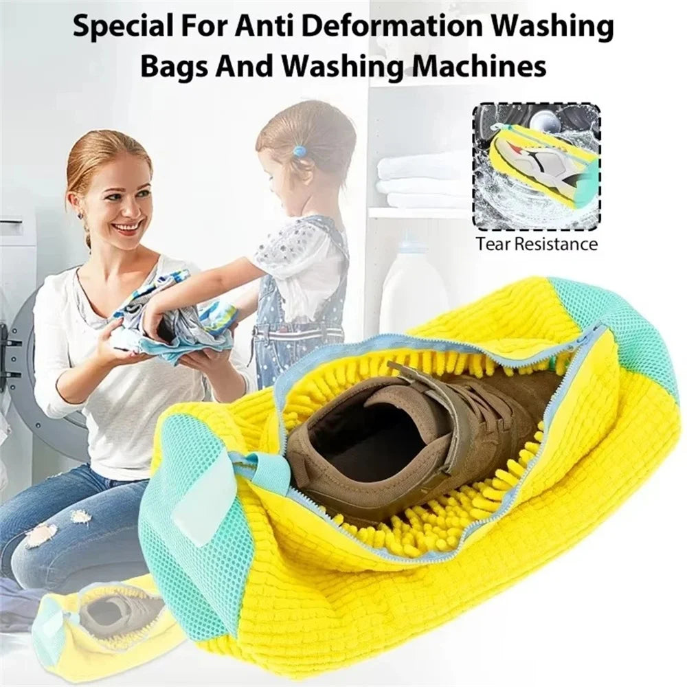 Fluffy Fiber 360 ° Surround Cleaning Shoe Washing Bag - Reusable Durable Machine-Washable Laundry Bag with Zipper Closure (1Pc)