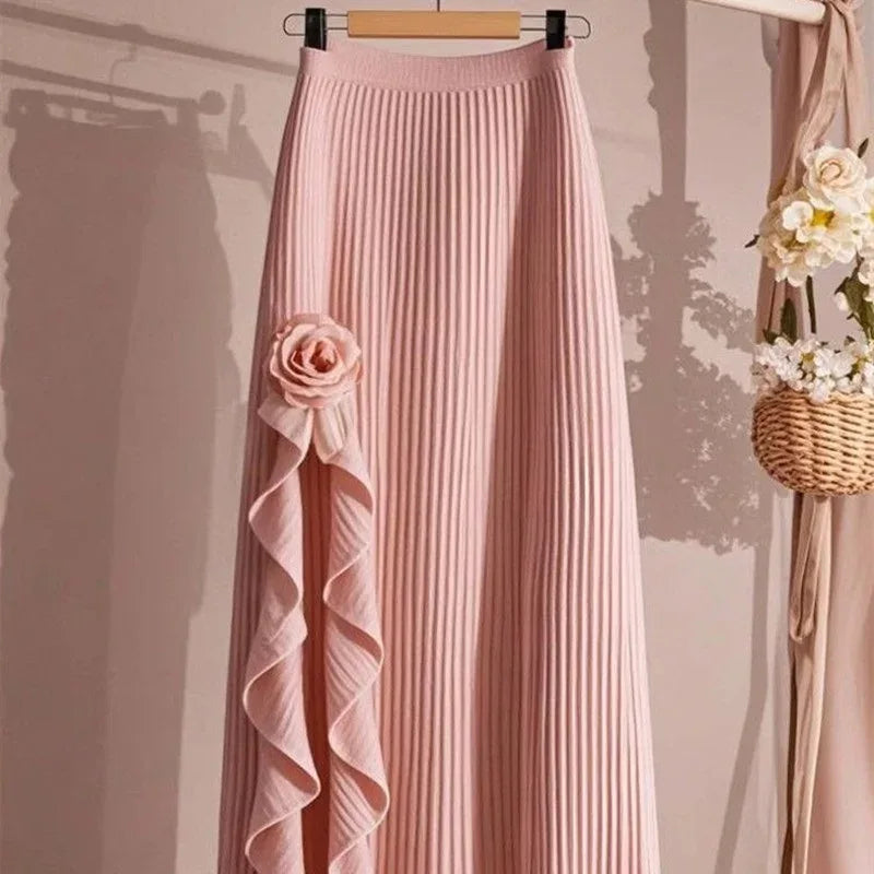 Spring Autumn Winter Elegant Irregular Pleated Skirt for Women Elastic A-line High Waist Midi Skirt White Black Flower Skirts